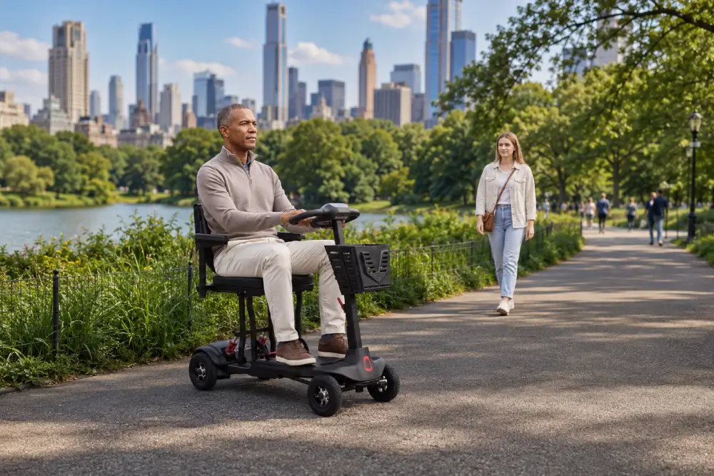Person riding a Genie Auto mobility scooter along a park path