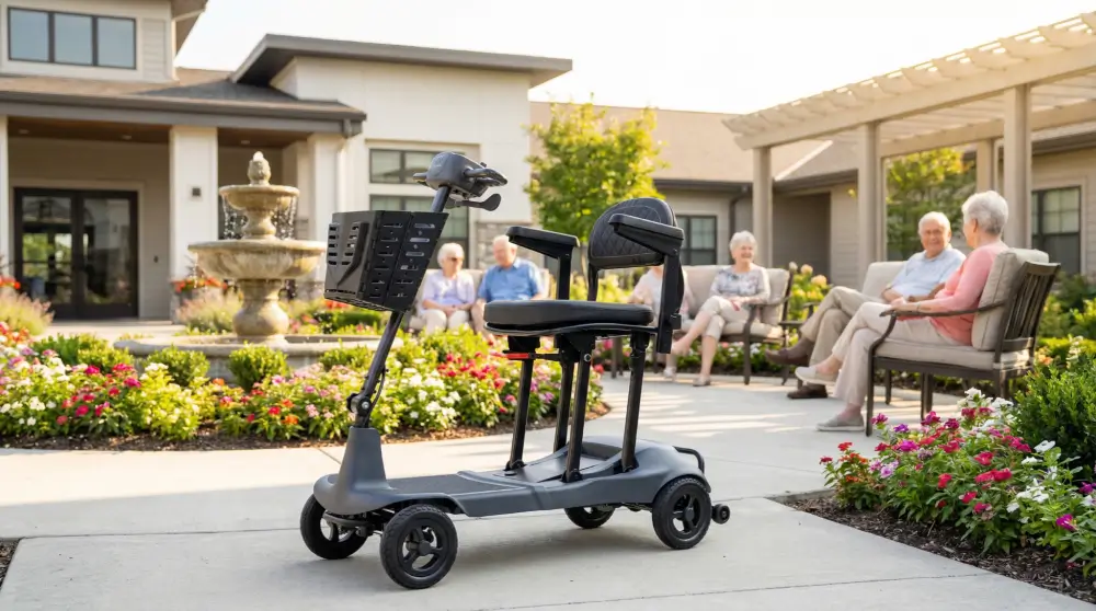 Mobility scooter parked outdoors near people relaxing in a retirement community courtyard