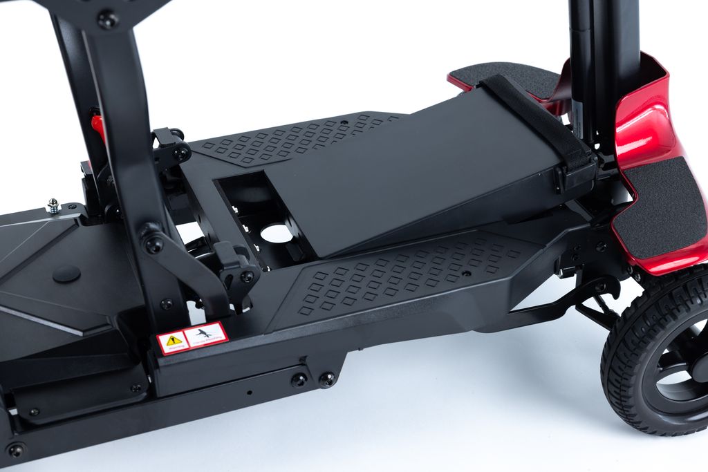 Folding mobility scooter deck and frame with non-slip footrest platform.