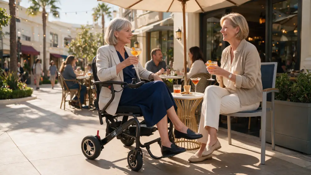 Person using an MM60 Carbon electric wheelchair at an outdoor café