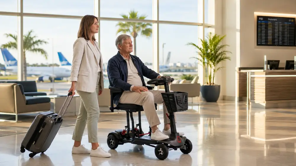 Person riding a Genie Auto mobility scooter through an airport terminal