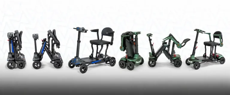 4-wheel mobility scooter shown folded and unfolded in blue and green