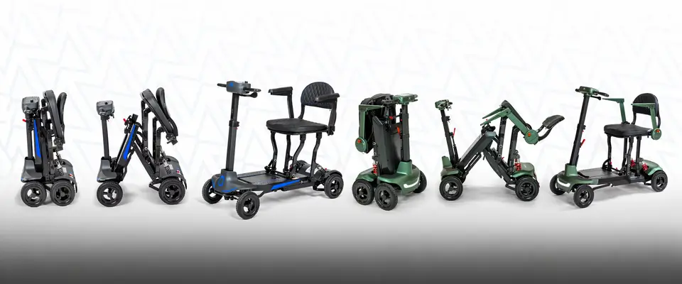 4-wheel mobility scooter shown folded and unfolded in blue and green 4-wheel mobility scooter shown folded and unfolded in blue and green