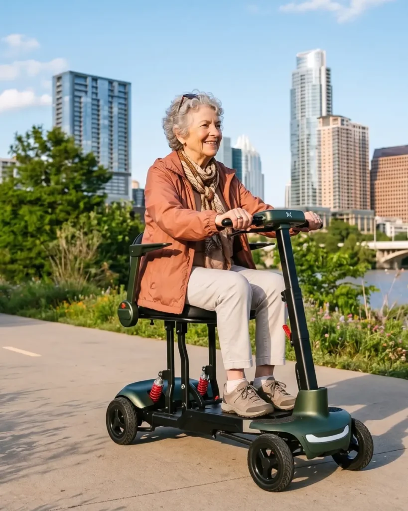 Woman riding a mobility scooter outdoors on a sunny day Woman riding a mobility scooter outdoors on a sunny day