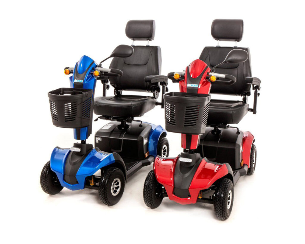 A pair of mobility scooters - one red and one blue