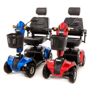 A pair of mobility scooters - one red and one blue