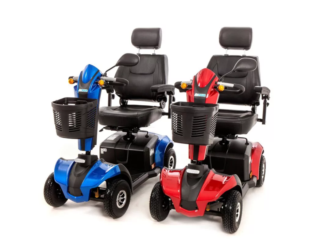 A pair of MM4 mobility scooters - one red and one blue