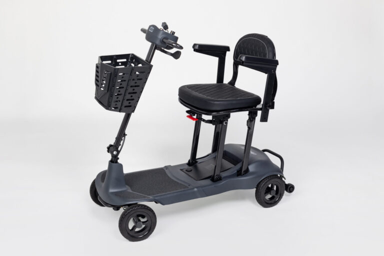 front angle view of a grey Genie Ultralight mobility scooter