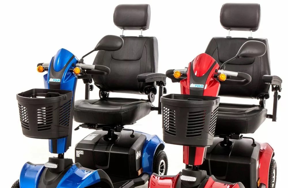 Mobility scooters in red and blue