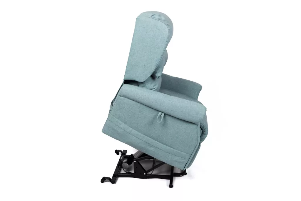 a teal rise recliner chair in the tipping position
