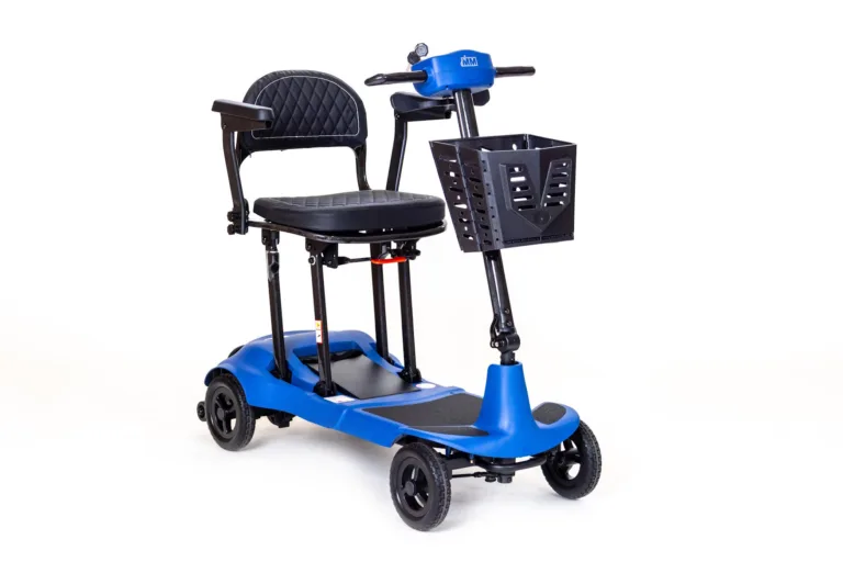 Side shot of a blue Geniw mobility scooter