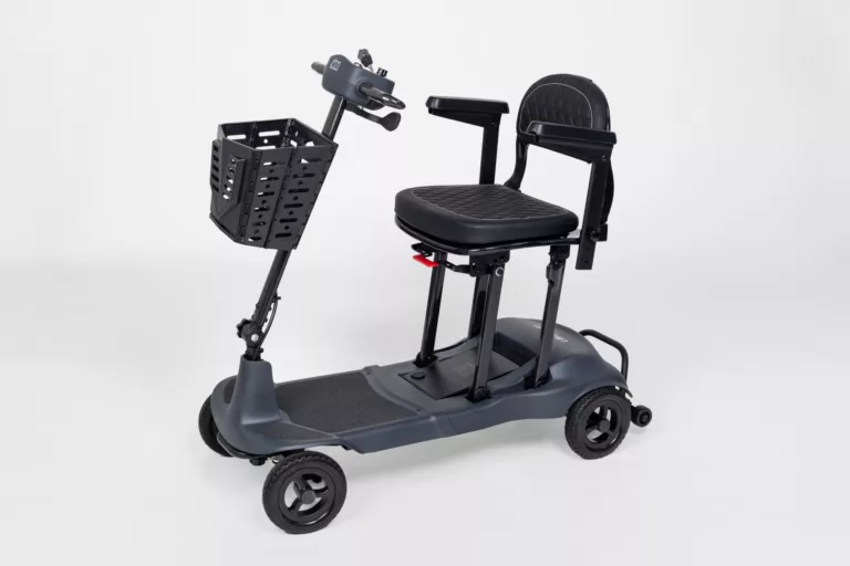 front angle view of a grey Genie Ultralight mobility scooter