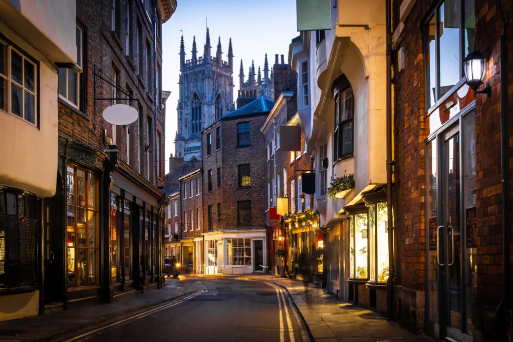 View of an old street in York with the cathedral in the background