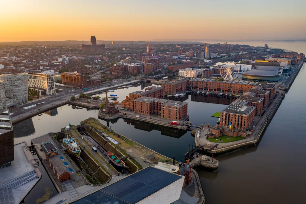 Looking down at the docks, river and buildings in Liverpool