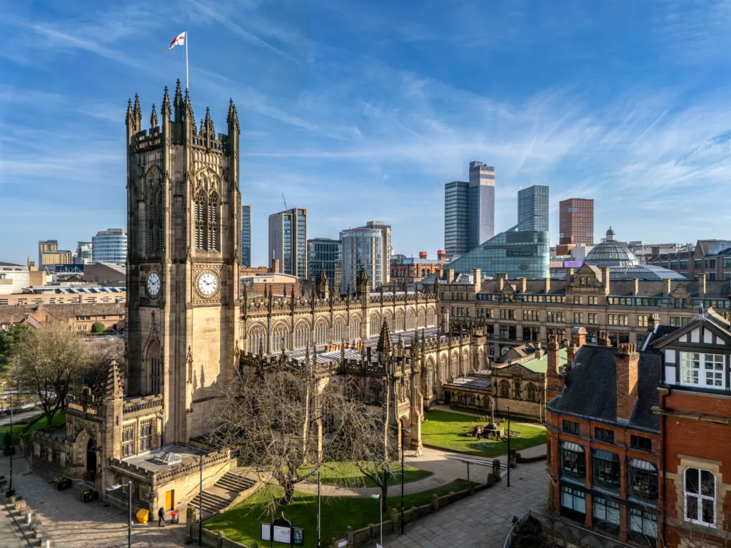 View of Manchester cathedral and surrounding buildings
