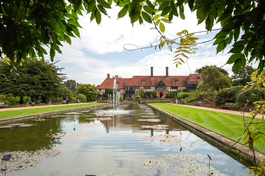 View of Wisley visitor centre with long water in front