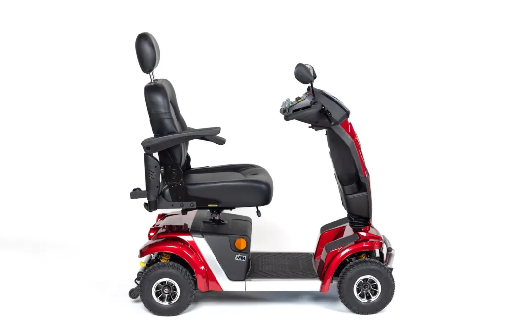 side view of a red Vogue sport mobility scooter