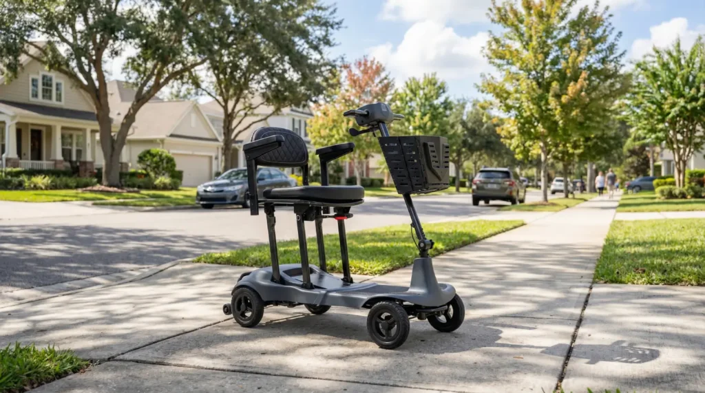 Ultra lite Street Genie Ultralight mobility scooter on pavemnet in suburbs